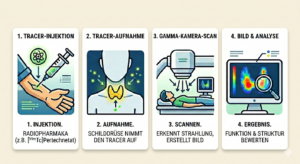 Repräsentative Darstellung einer Schilddrüsenszintigraphie von intravenöser Tracergabe, über Uptakezeit, Aufnahme mit Gamma Kamera bis Auswertung der Bilder