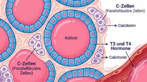 Schematische Darstellung von Follikelzellen und C-Zellen der Schilddrüse